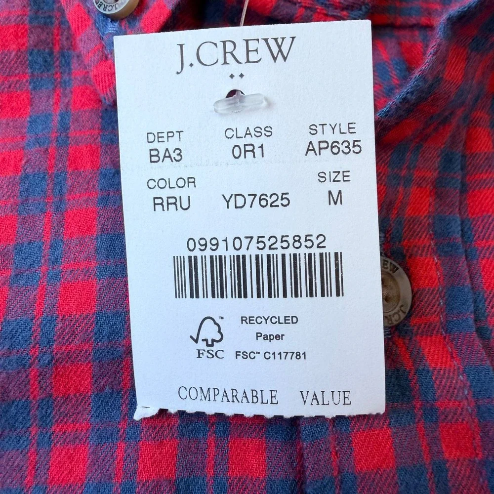 J.Crew Men's Brushed Twill Shirt Medium NWT Navy Red Plaid Classic Fit